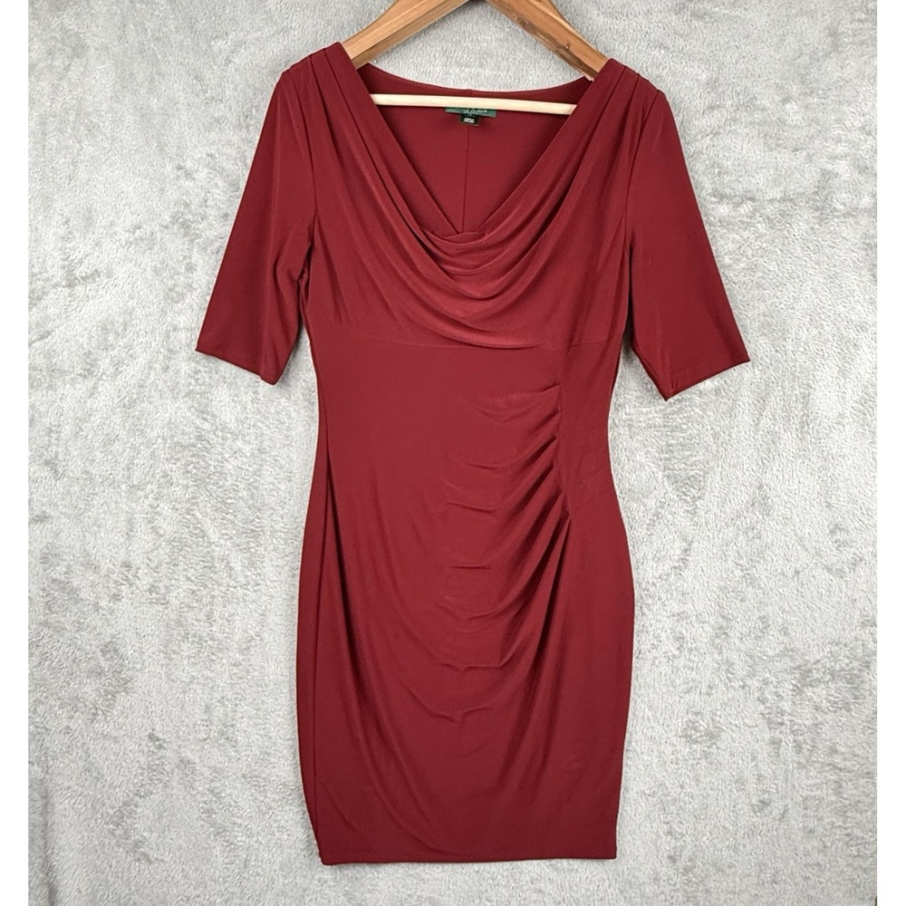 Lauren Ralph Lauren Sheath Dress Womens 10 Red Cowl Old Money Stretch Cocktail